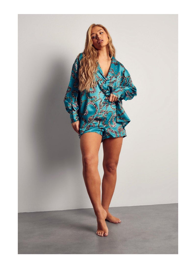 Recycled Satin Snake Print 2PC Short Set