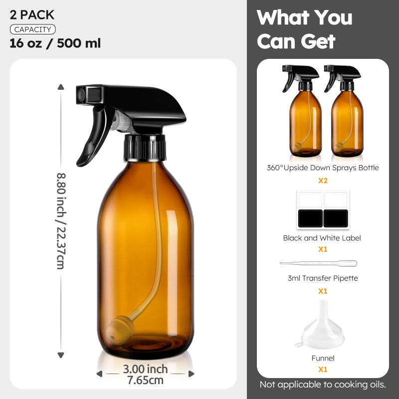 Tecohouse 2 Pack Amber 360Â° Glass Spray Bottles, 16 oz Empty Refillable Containers with Adjustable Spray Nozzles, Spray Bottles for Cleaning Solutions and Plants - Image 5