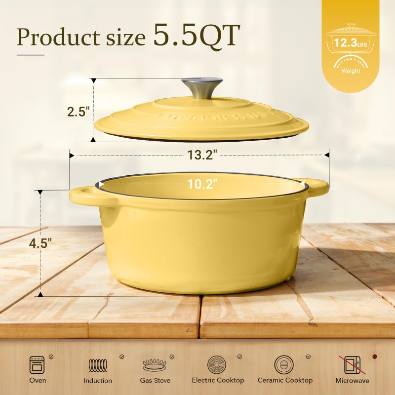 Overmont وعاء داتش أوفن من أوفermont مصنوع من الحديد الزهر المينا - وعاء سعة 5.5QT مع غطاء وكتاب طبخ وقفازات قطنية - أدوات طهي ثقيلة لتحضير الأطعمة المطبوخة ببطء، الحساء، الشواء، وخبز الخبز باللون الأصفر الجاوي - Image 5