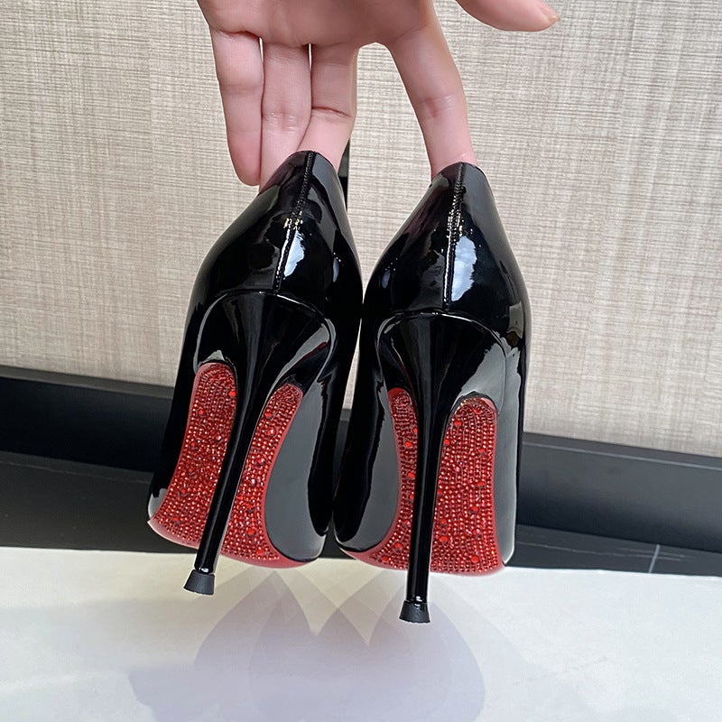 Rhinestone Red Bottom High Heels Women'S Stiletto Heel Style Men'S Beautiful Black Patent Leather Side Empty Point Single-Layer Shoes - Image 2
