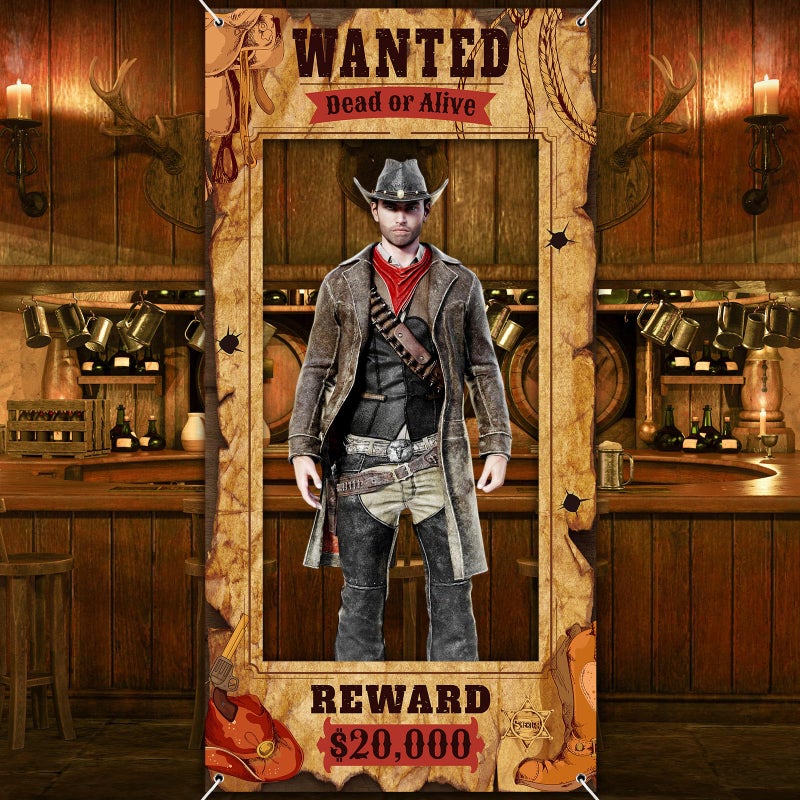 Funrous Wanted Poster Photo Prop Western Photo Booth Prop Large Selfie Frame Poster Fabric Banner Backdrop Wanted Sign for Cowgirl Cowboy Party Decoration Rustic Birthday Party SuppliesBrown - Image 2