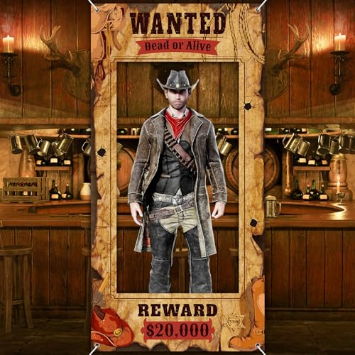 Funrous Wanted Poster Photo Prop Western Photo Booth Prop Large Selfie Frame Poster Fabric Banner Backdrop Wanted Sign for Cowgirl Cowboy Party Decoration Rustic Birthday Party SuppliesBrown - Image 1