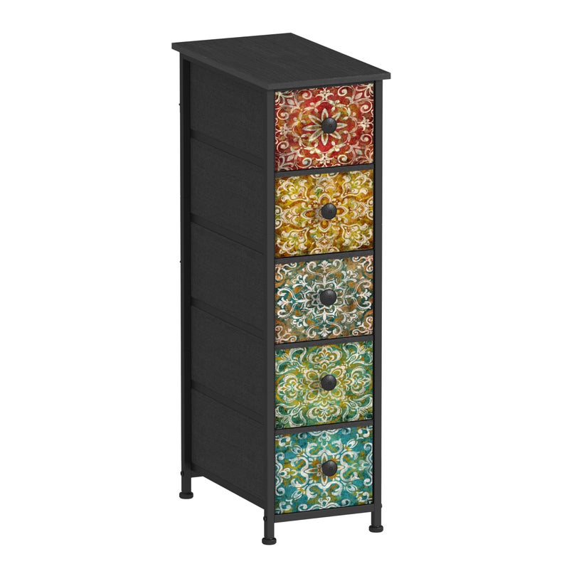 GiftGo Retro Skinny Dresser with Fabric Drawers Thin Slim Boho Mandala Flower Chest of Drawers Narrow Storage Tower for Small Spaces Gaps Bedroom Beautiful Nightstand Living Room Table - Image 1