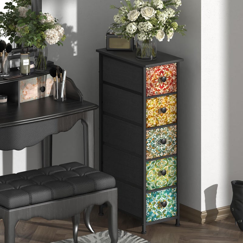GiftGo Retro Skinny Dresser with Fabric Drawers Thin Slim Boho Mandala Flower Chest of Drawers Narrow Storage Tower for Small Spaces Gaps Bedroom Beautiful Nightstand Living Room Table - Image 2