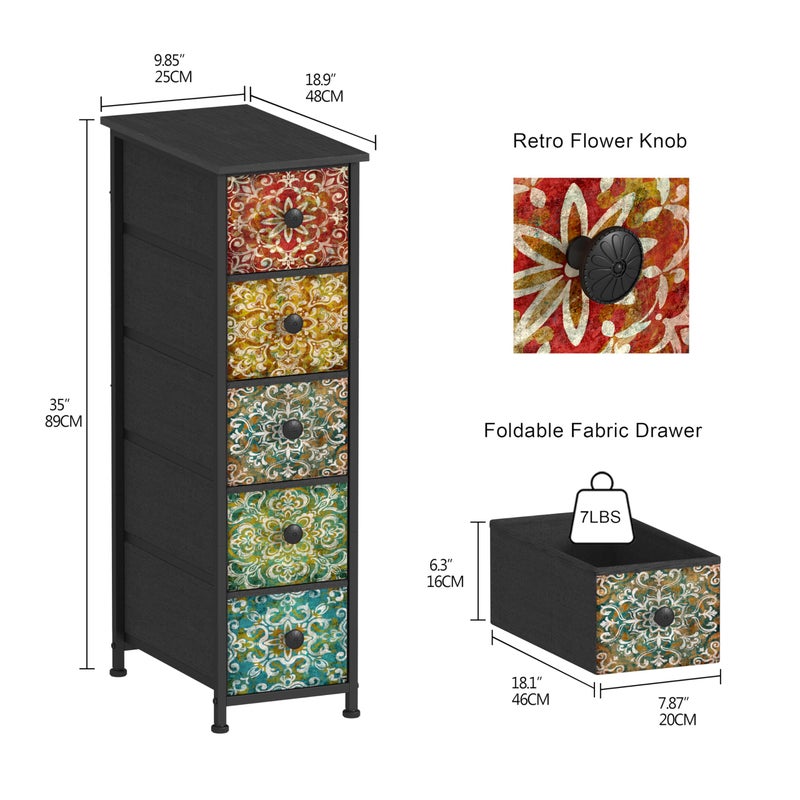 GiftGo Retro Skinny Dresser with Fabric Drawers Thin Slim Boho Mandala Flower Chest of Drawers Narrow Storage Tower for Small Spaces Gaps Bedroom Beautiful Nightstand Living Room Table - Image 3