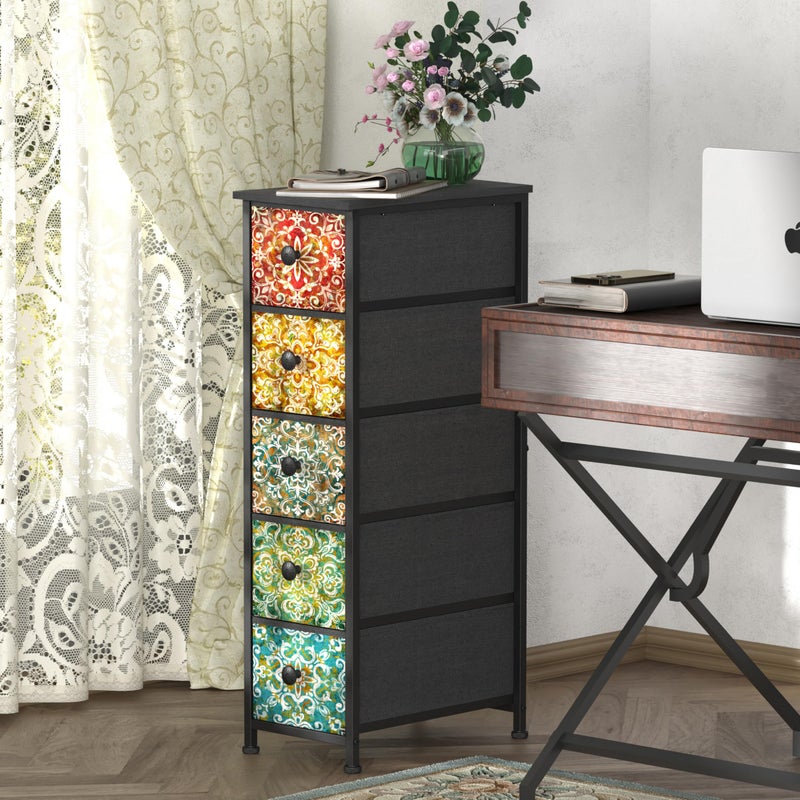 GiftGo Retro Skinny Dresser with Fabric Drawers Thin Slim Boho Mandala Flower Chest of Drawers Narrow Storage Tower for Small Spaces Gaps Bedroom Beautiful Nightstand Living Room Table - Image 5