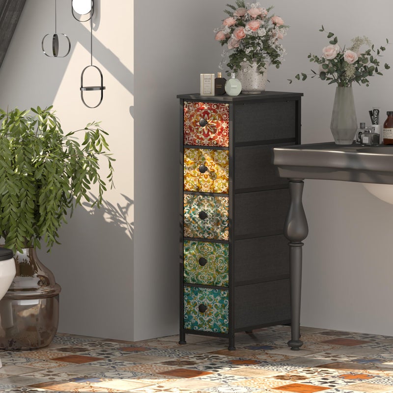 GiftGo Retro Skinny Dresser with Fabric Drawers Thin Slim Boho Mandala Flower Chest of Drawers Narrow Storage Tower for Small Spaces Gaps Bedroom Beautiful Nightstand Living Room Table - Image 4
