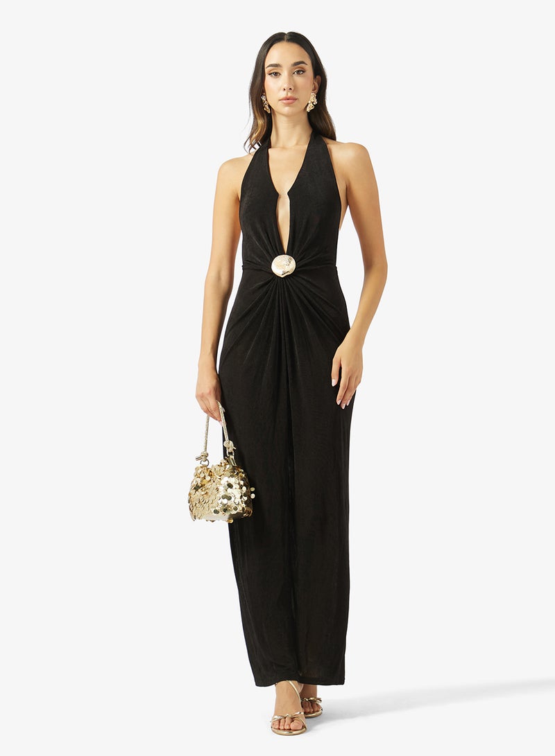 Ginger Plunge Neck Bodycon Dress with Golden Accent - Image 4