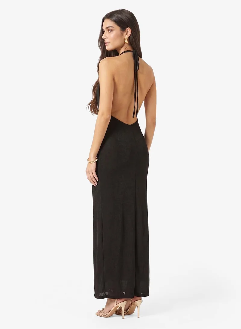 Ginger Plunge Neck Bodycon Dress with Golden Accent