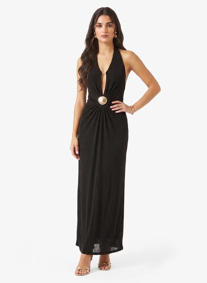 Ginger Plunge Neck Bodycon Dress with Golden Accent