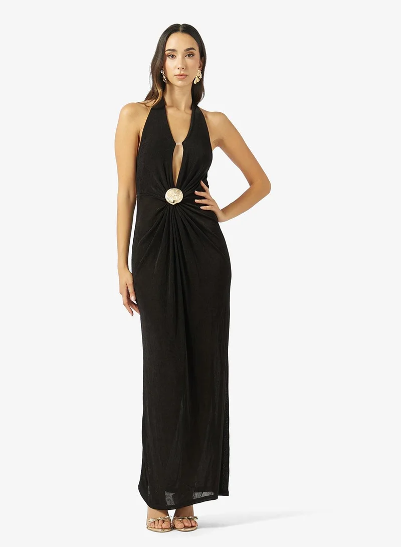 Ginger Plunge Neck Bodycon Dress with Golden Accent