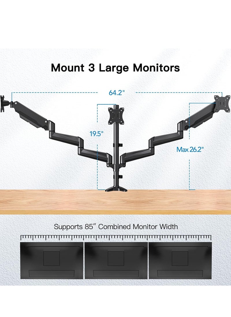 ELTRAZONE Triple Monitor Mount for 17-32 Inch Screens – Height Adjustable Monitor Arm, Holds Up to 8kg per Arm, Black  - Image 3