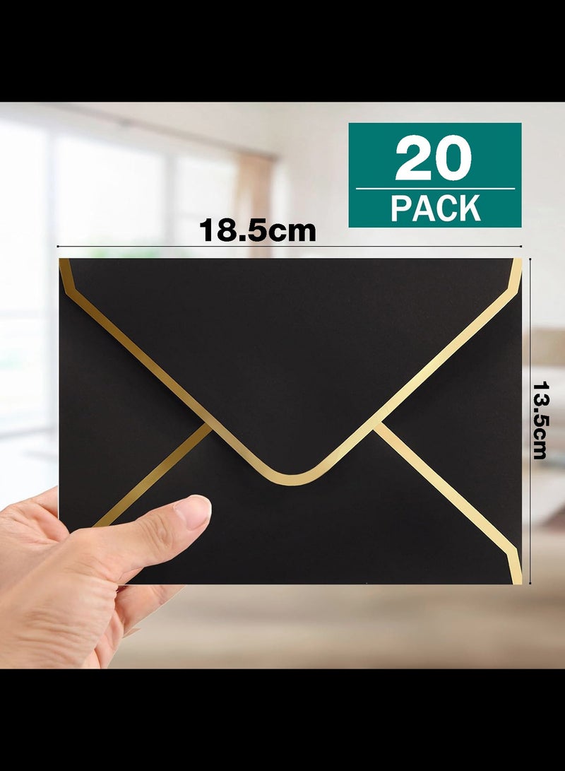 Generic 20 Pack Black Envelopes for Invitations with Gold Border, Self Adhesive A7 Envelopes with V-Flap, Great for Graduation, Invitation, Wedding and RSVP Cards,18.5x13.5cm  - Image 2