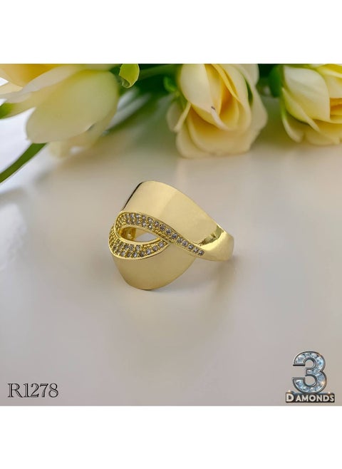 Gold-Plated Statement Ring – Curved Wave Design with Embedded Zircon