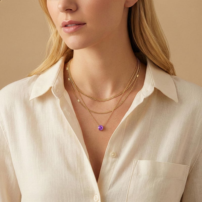 WomenGifts February Created Amethyst (Purple) Layered Necklace Set, 14K Gold Plated Birthstone Pendant with Choker Cuban Link & Satellite Chain, Personalized Jewelry Gift - Image 2