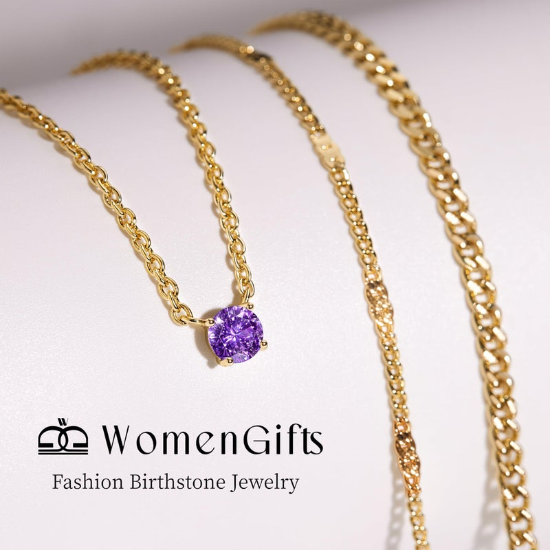 WomenGifts February Created Amethyst (Purple) Layered Necklace Set, 14K Gold Plated Birthstone Pendant with Choker Cuban Link & Satellite Chain, Personalized Jewelry Gift - Image 3