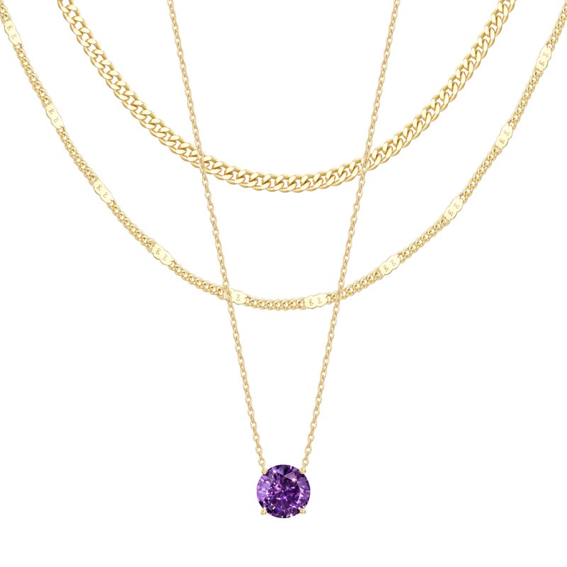 WomenGifts February Created Amethyst (Purple) Layered Necklace Set, 14K Gold Plated Birthstone Pendant with Choker Cuban Link & Satellite Chain, Personalized Jewelry Gift - Image 1