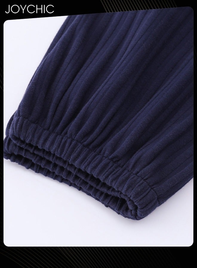 Joychic Men Spring and Autumn Pajama Bottom Double-side Pure Cotton Skin-friendly Sleep Trousers Loose and Comfortable Home Pants with Pockets Dark Blue  - Image 2