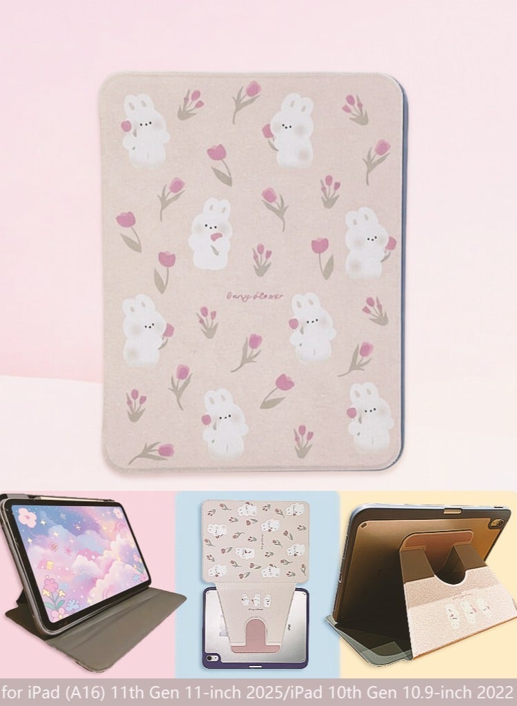 Cute Rabbit & Floral Case for iPad 11th Gen (2025) / 10th Gen (2022) 10.9 Inch - Kawaii Pink Bunny Smart Cover with Transparent Frosted Back, Shockproof Protective Shell for Girls - Image 1