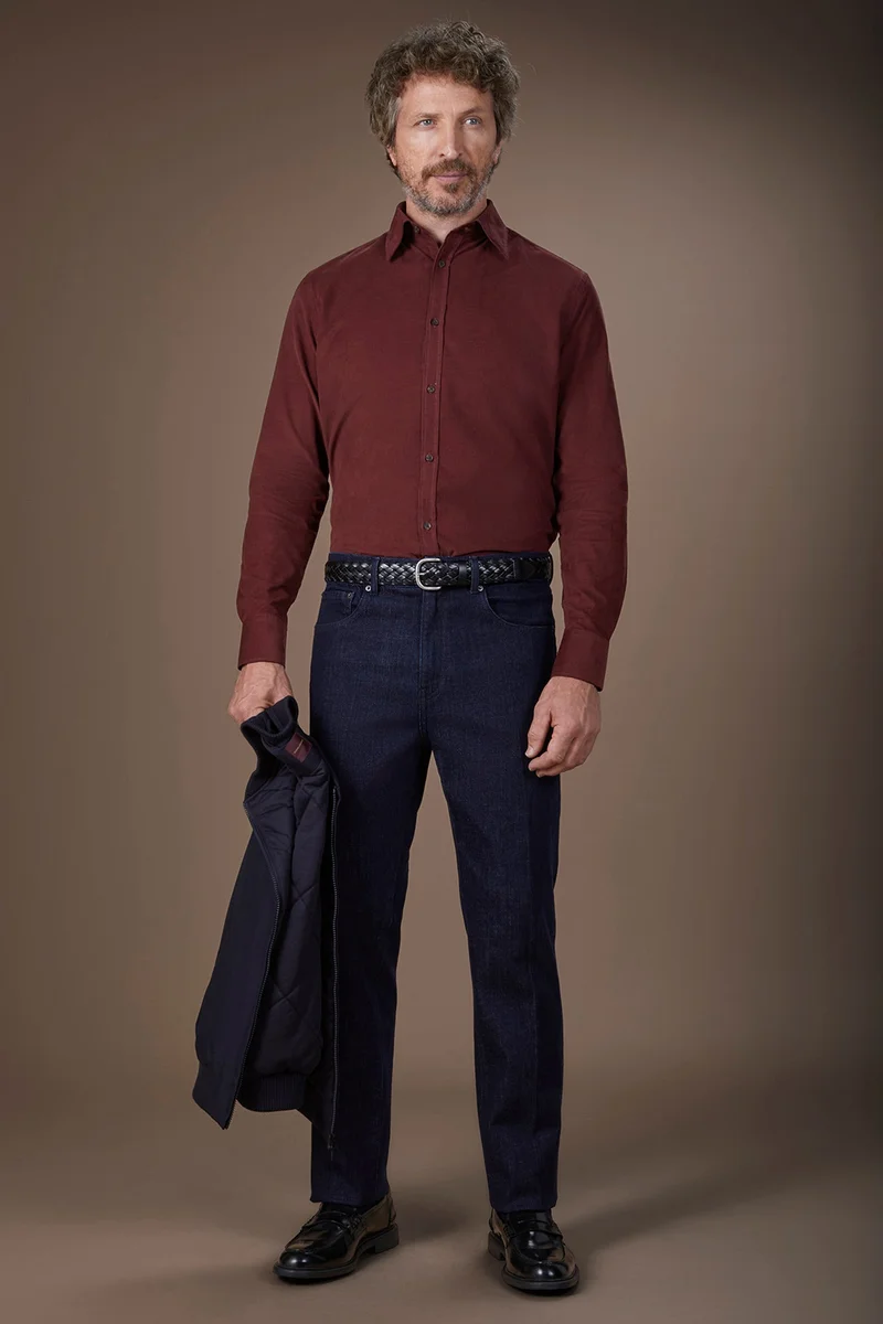 Doppelganger Red Men's casual shirt in 100% cotton 1000 Stripe velvet fabric plain colour - Bordeaux for Men | Best Price UAE
