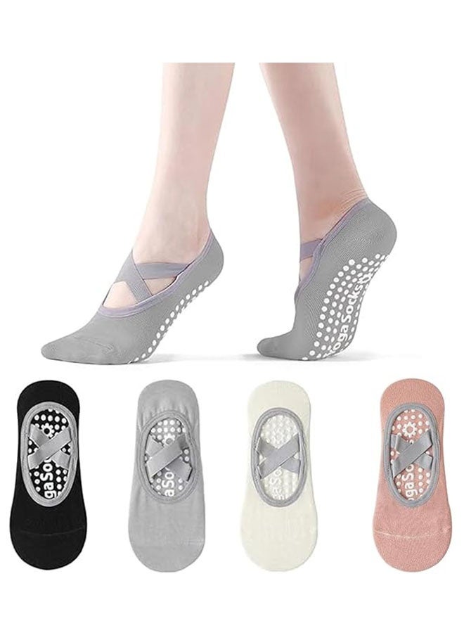 4 Pairs Yoga Grip Socks for Women, Pilates Anti Slip Socks, Non Slip Socks for Pilates, Yoga, Ballet, Dance, Black, Grey, White, Pink - Image 1
