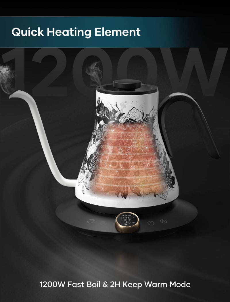 Cocinare FLOW M9 Gooseneck Electric Kettle with Precise ±1℉ Temperature Control for Pour-over Coffee and Tea, Stainless Steel Interior, Quick Heating Electric Kettle for Boiling Water (Blossom) - Image 5