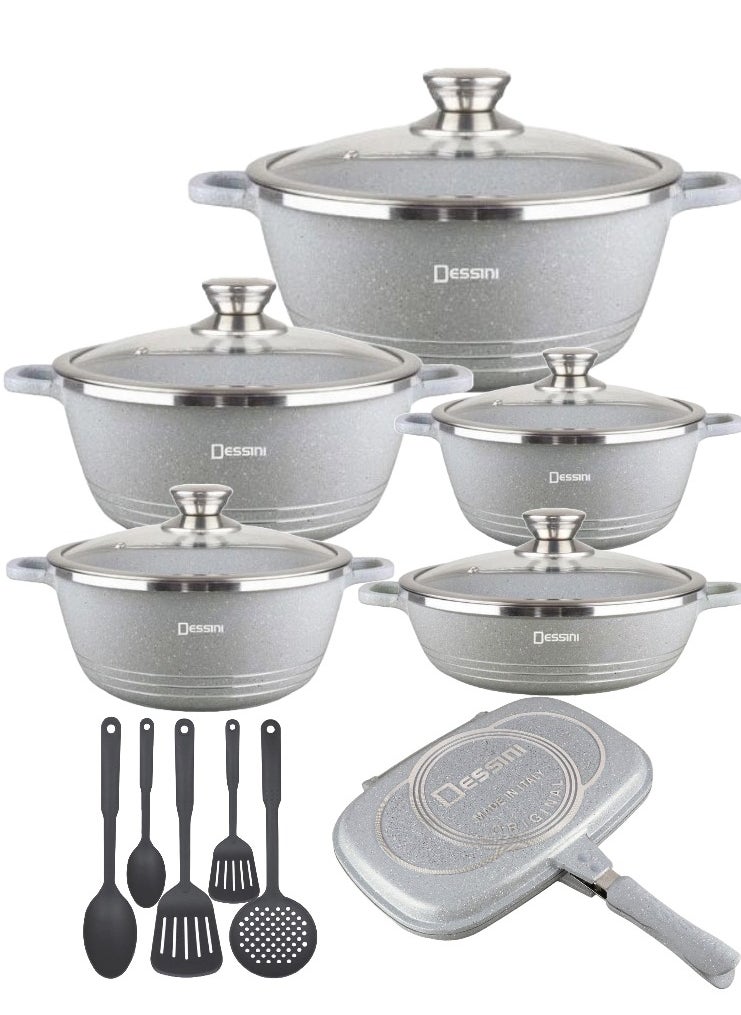 16 Pieces Combo Granite Cookware Set Includes 36cm Double Grill Pan, 10 pcs Casserole Pot Set and Spatula Sets Grey 