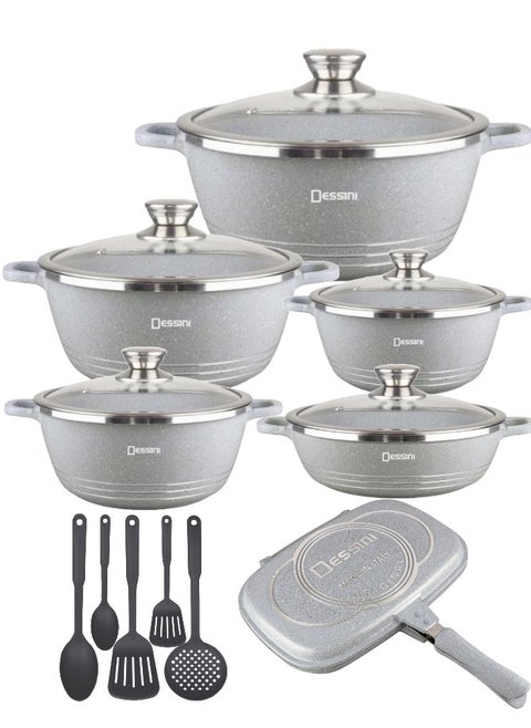 16 Pieces Combo Granite Cookware Set Includes 36cm Double Grill Pan, 10 pcs Casserole Pot Set and Spatula Sets Grey
