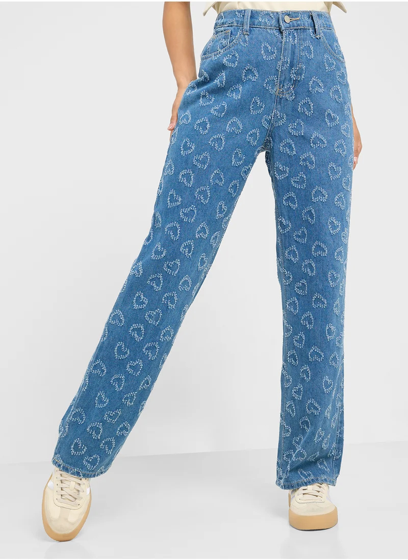 جينجر Mid Rise Heart Print Straight Fit Jeans