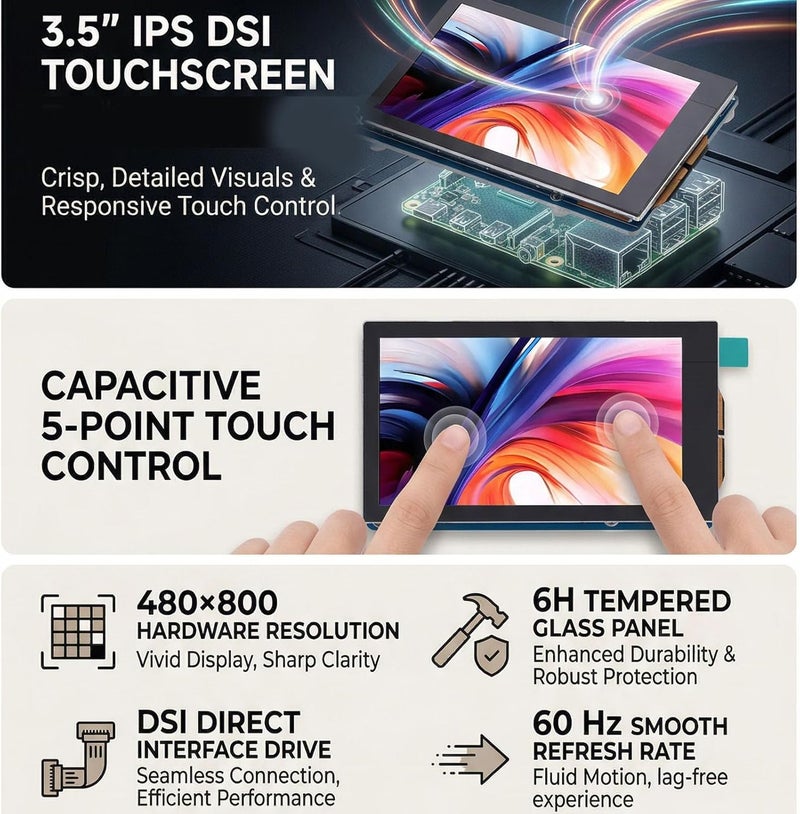 3.5 Inch DSI LCD Display, Capacitive Touch Screen 480x800 Resolution with 5 Point Touch and Tempered Glass, Fit for CM5 4B CM4 3B + 3A + 3B CM3 CM3 + 2B B - Image 3