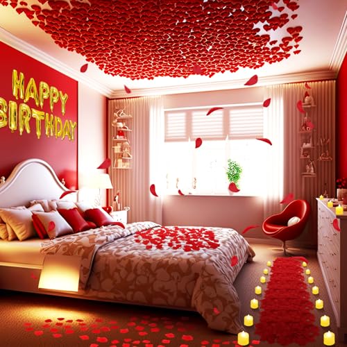 Charnoel Red and Gold Happy Birthday Balloons Decorations Happy Birthday Letter Balloons Banner with 24pcs Flameless LED Candles and 2000pcs Artificial Rose Petals for Women Men Room Party Decorr - Image 5