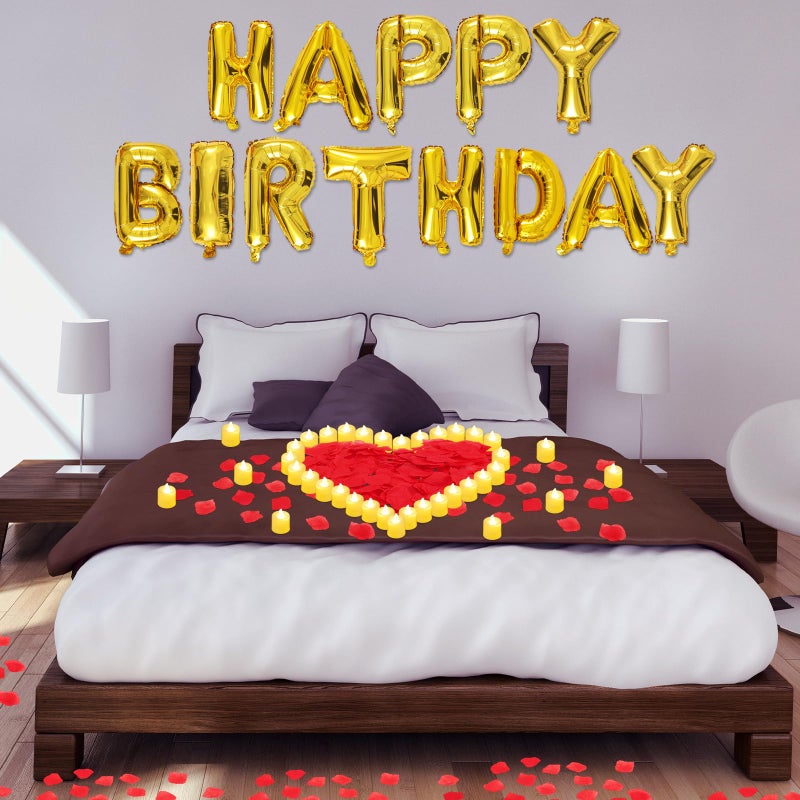 Charnoel Red and Gold Happy Birthday Balloons Decorations Happy Birthday Letter Balloons Banner with 24pcs Flameless LED Candles and 2000pcs Artificial Rose Petals for Women Men Room Party Decorr - Image 3
