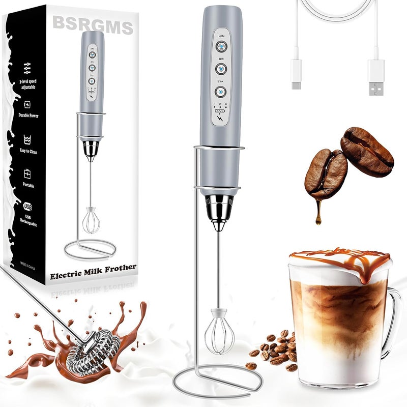 BSRGMS Milk Frother Handheld with Stand, Electric Whisk 3 Speed Adjustable, Drink Mixer with Stainless 3 Whisks, Rechargeable Hand Frother Wand, Foam Maker for Latte Cappuccino Matcha Egg Cement Gray - Image 1