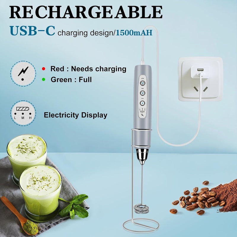 BSRGMS Milk Frother Handheld with Stand, Electric Whisk 3 Speed Adjustable, Drink Mixer with Stainless 3 Whisks, Rechargeable Hand Frother Wand, Foam Maker for Latte Cappuccino Matcha Egg Cement Gray - Image 2