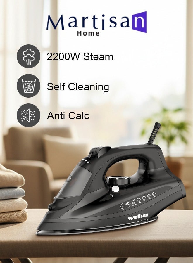 POWERFUL 2200W STEAM IRON, 160G/MIN BOOST, 20S FAST HEATING, CERAMIC NON-STICK SOLEPLATE, 4-IN-1 IRON, DRY IRONING, SPRAY & BURST STEAM, ADJUSTABLE TEMPERATURE, SELF-CLEANING, ANTI DRIP, ANTI CALC, 270ML LARGE WATER TANK, BLACK SILVER