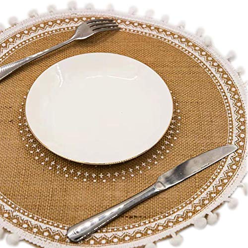 CAPASIN Placemats, Dining Winter Modern Dinner Braided Beige and Fall Circle Placemats Boho Runner Kitchen Round Table Plate Mats Set of 4 (White Ball) - Image 5