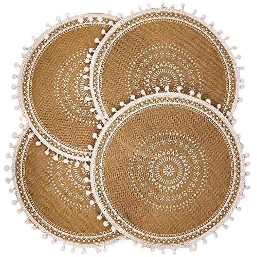 CAPASIN Placemats, Dining Winter Modern Dinner Braided Beige and Fall Circle Placemats Boho Runner Kitchen Round Table Plate Mats Set of 4 (White Ball) - Image 1