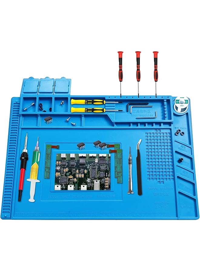 إيروريكس حصيرة لحام مغناطيسية من السيليكون مقاس 17.7 بوصة × 11.8 بوصة مقاومة للحرارة 932 درجة فهرنهايت مضادة للكهرباء الساكنة حصيرة عمل كبيرة لإصلاح الإلكترونيات متوافقة مع مكواة اللحام والهاتف والكمبيوتر المحمول والساعة باللون الأزرق - Image 1