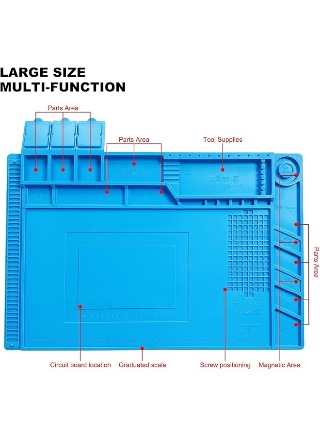 إيروريكس حصيرة لحام مغناطيسية من السيليكون مقاس 17.7 بوصة × 11.8 بوصة مقاومة للحرارة 932 درجة فهرنهايت مضادة للكهرباء الساكنة حصيرة عمل كبيرة لإصلاح الإلكترونيات متوافقة مع مكواة اللحام والهاتف والكمبيوتر المحمول والساعة باللون الأزرق - Image 2