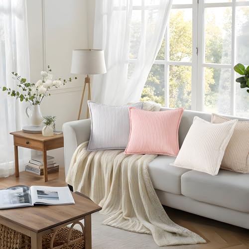 Mecatny Corduroy Summer Throw Pillow Covers 18x18 Set of 2, Neutral Decorative Soft Boho Couch Pillow Covers with Broadside for Sofa Living Room, Grey - Image 5