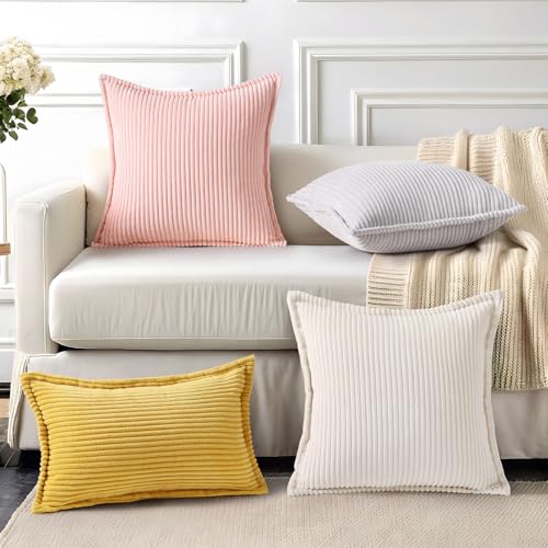 Mecatny Corduroy Summer Throw Pillow Covers 18x18 Set of 2, Neutral Decorative Soft Boho Couch Pillow Covers with Broadside for Sofa Living Room, Grey - Image 4