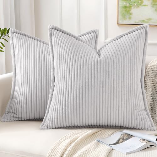 Mecatny Corduroy Summer Throw Pillow Covers 18x18 Set of 2, Neutral Decorative Soft Boho Couch Pillow Covers with Broadside for Sofa Living Room, Grey - Image 1