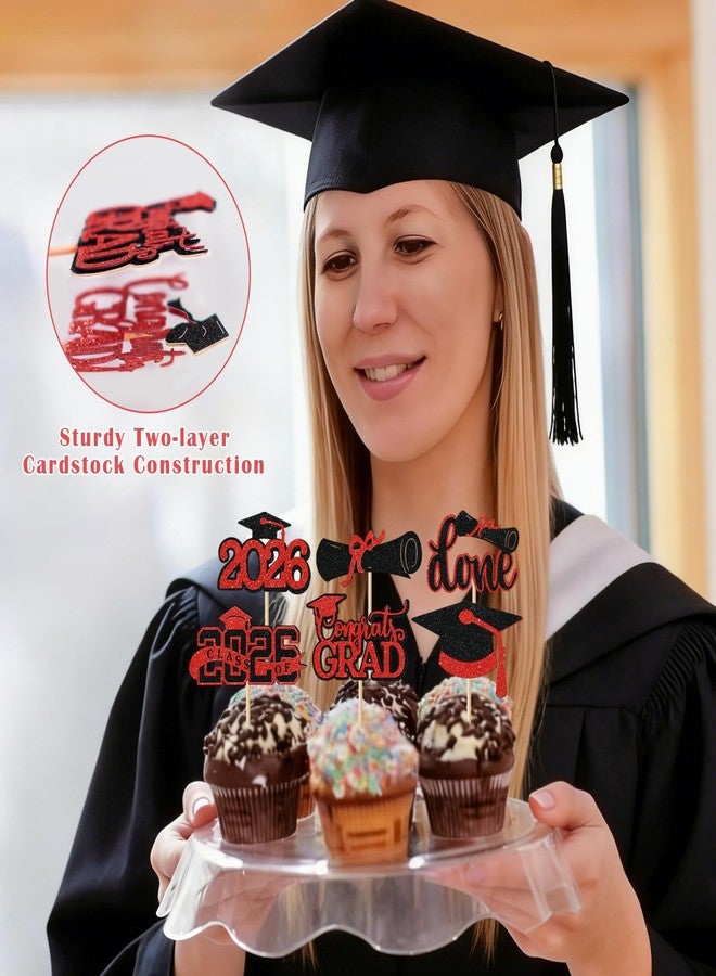 iefoah Red Graduation Cupcake Toppers 2026, 36pcs Glitter Class of 2026 Cupcake Toppers for Graduation Party Decoration Grad Cap Diploma Done Congrats Grad Picks for Food Dessert Party Supplies - Image 5