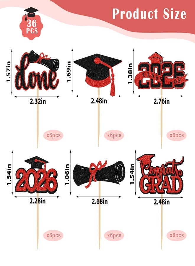 iefoah Red Graduation Cupcake Toppers 2026, 36pcs Glitter Class of 2026 Cupcake Toppers for Graduation Party Decoration Grad Cap Diploma Done Congrats Grad Picks for Food Dessert Party Supplies - Image 2
