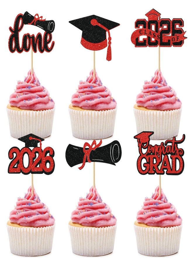 iefoah Red Graduation Cupcake Toppers 2026, 36pcs Glitter Class of 2026 Cupcake Toppers for Graduation Party Decoration Grad Cap Diploma Done Congrats Grad Picks for Food Dessert Party Supplies - Image 1