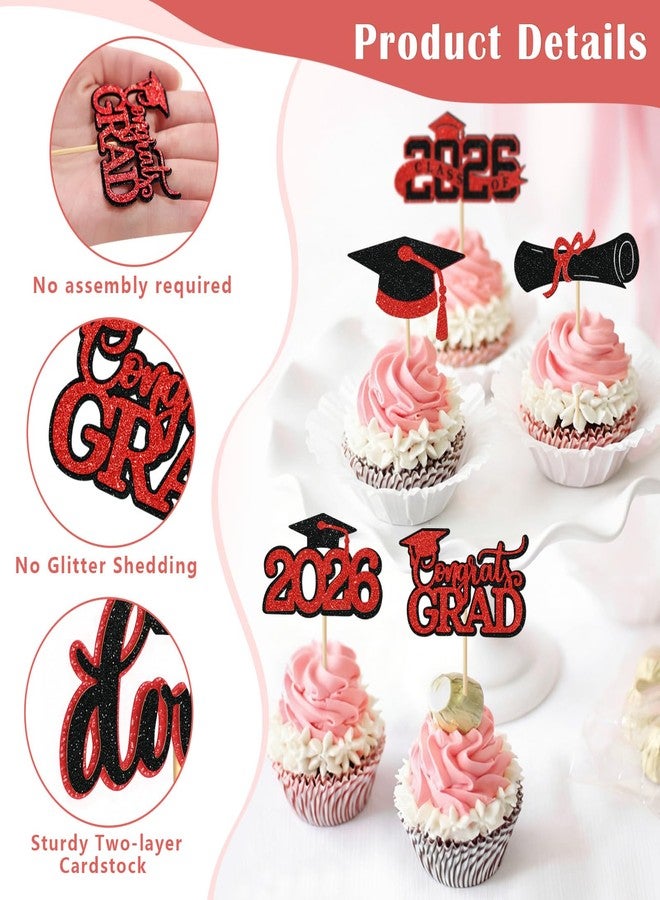iefoah Red Graduation Cupcake Toppers 2026, 36pcs Glitter Class of 2026 Cupcake Toppers for Graduation Party Decoration Grad Cap Diploma Done Congrats Grad Picks for Food Dessert Party Supplies - Image 4