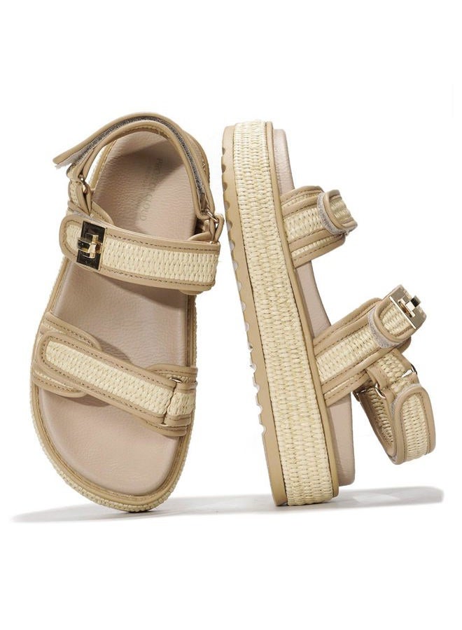 Project Cloud Genuine Leather Platform Sandals Women Footwear - Comfortable and Adjustable Strappy Summer Sandals for Women 2025 - Memory Foam and Non-Slip Slingback Beach Slides, High Platform Raffia - Image 1