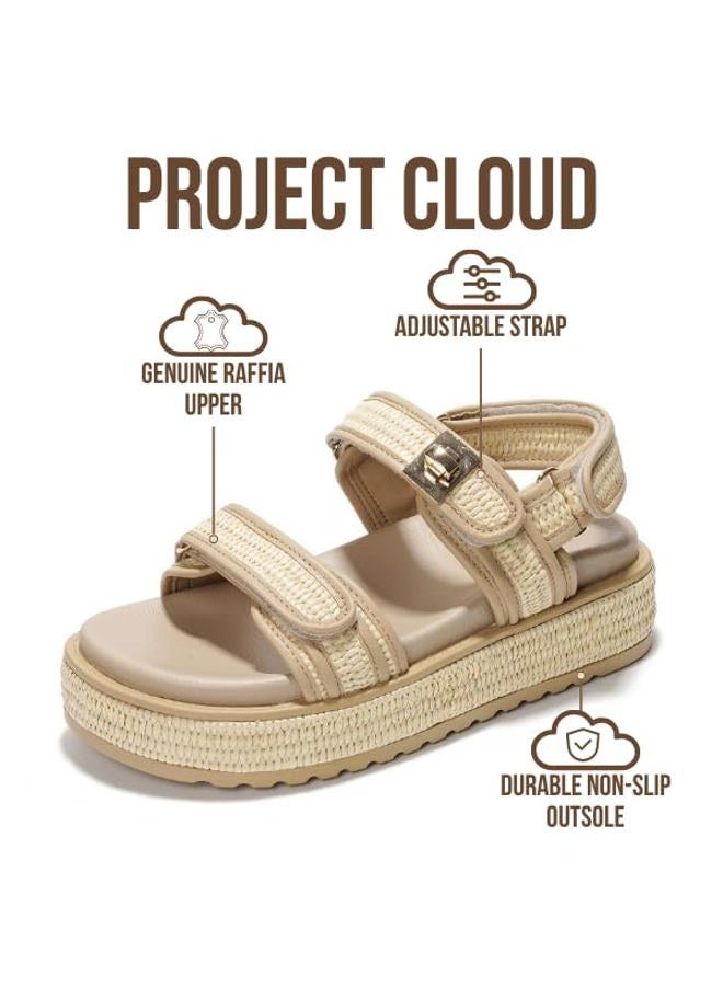 Project Cloud Genuine Leather Platform Sandals Women Footwear - Comfortable and Adjustable Strappy Summer Sandals for Women 2025 - Memory Foam and Non-Slip Slingback Beach Slides, High Platform Raffia - Image 3