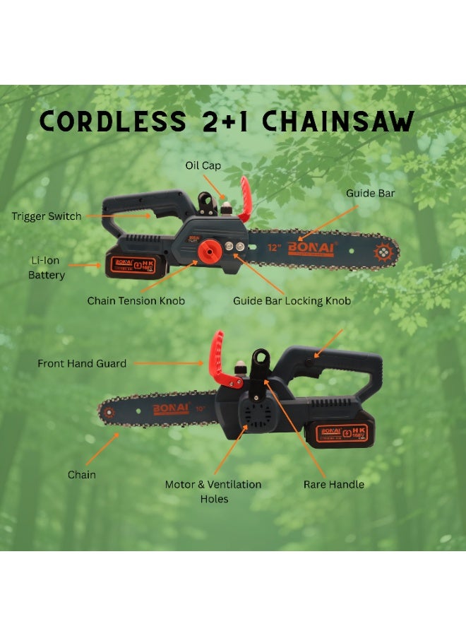 BONAI 2-in-1 Cordless Chainsaw Kit, 10" & 12" Guide Bars, 2800W High-Power Motor, 18000RPM, 168V 6.0Ah Lithium Battery, Portable Electric Chain Saw for Tree Pruning & Wood Cutting - Image 3