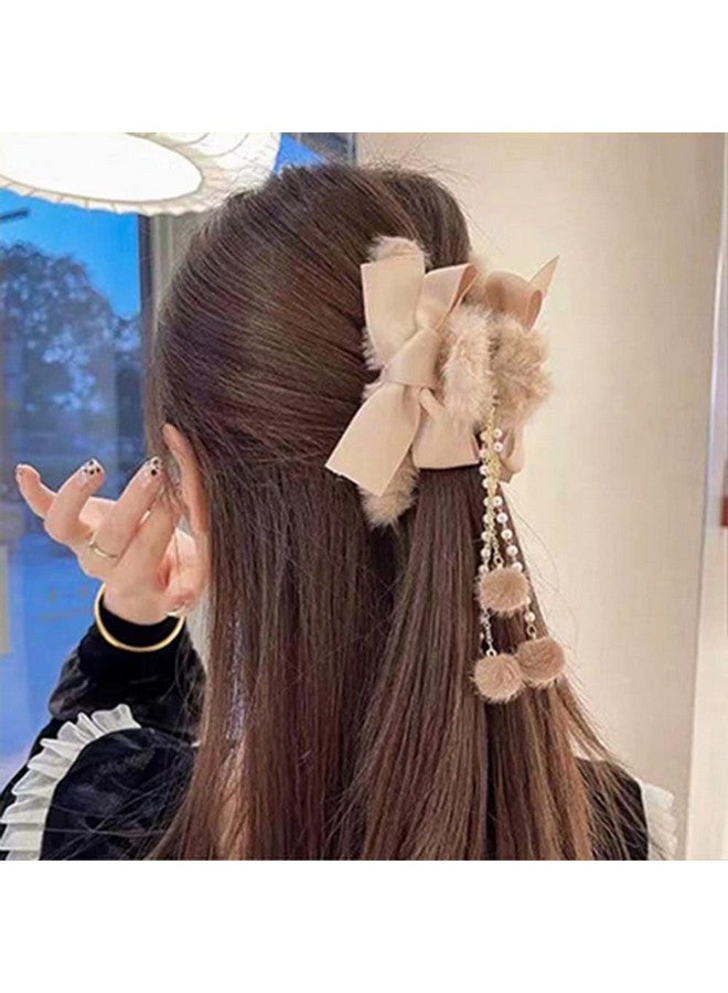 Jumwrit Furry Hair Claw Big Bow Hair Clips Banana Jaw Clips Pearl Tassel Hair Clips Strong Hold Hair Claw Clips Fashion Hair Accessories For Women And Girls（Pink） - Image 1